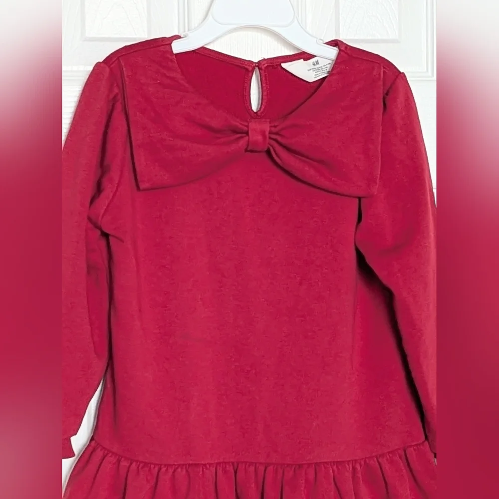 H&M Girls' (Size 4-6) Dark Red Ruffled Hem Sweatshirt Dress w/Large Bow Accent - Picture 2 of 16